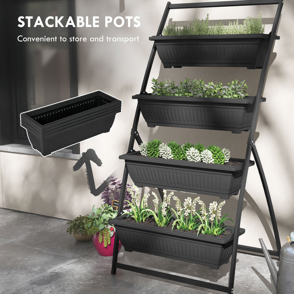 Raised Garden Bed, 4 Tier Vertical Garden Planter Set, 4 Outdoor Planter Boxes with Stand, Self Draining Design Elevated Garden for Vegetable, Flowers & Herbs, Black
