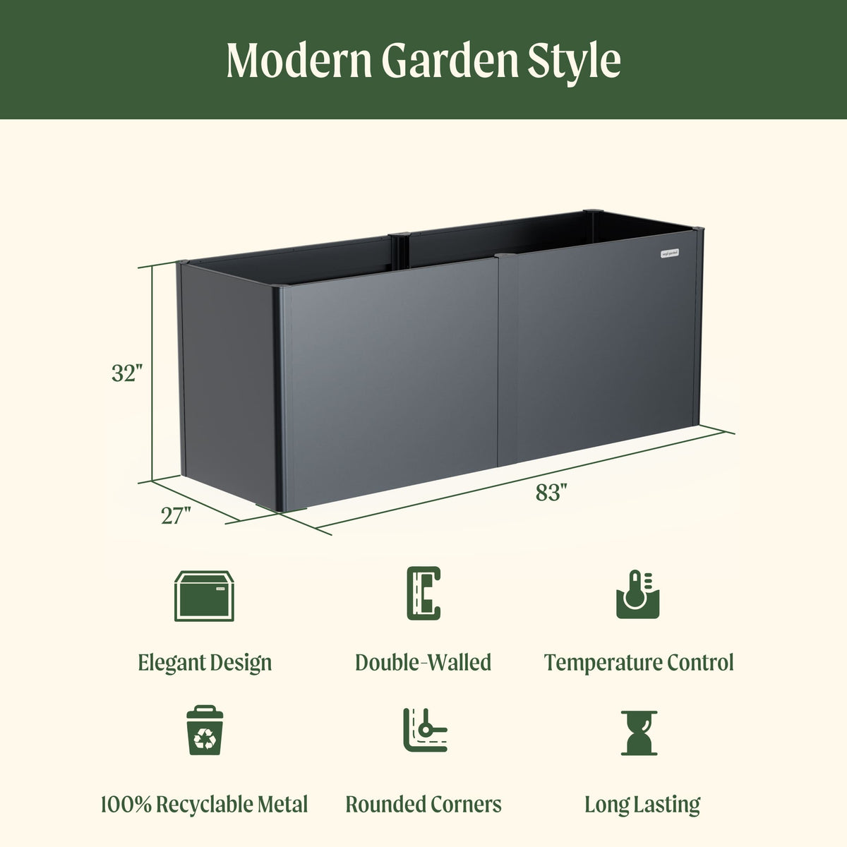 32" Extra Tall Modern Pro 27" x 83" Metal Raised Garden Bed - With Intermediate Floor
