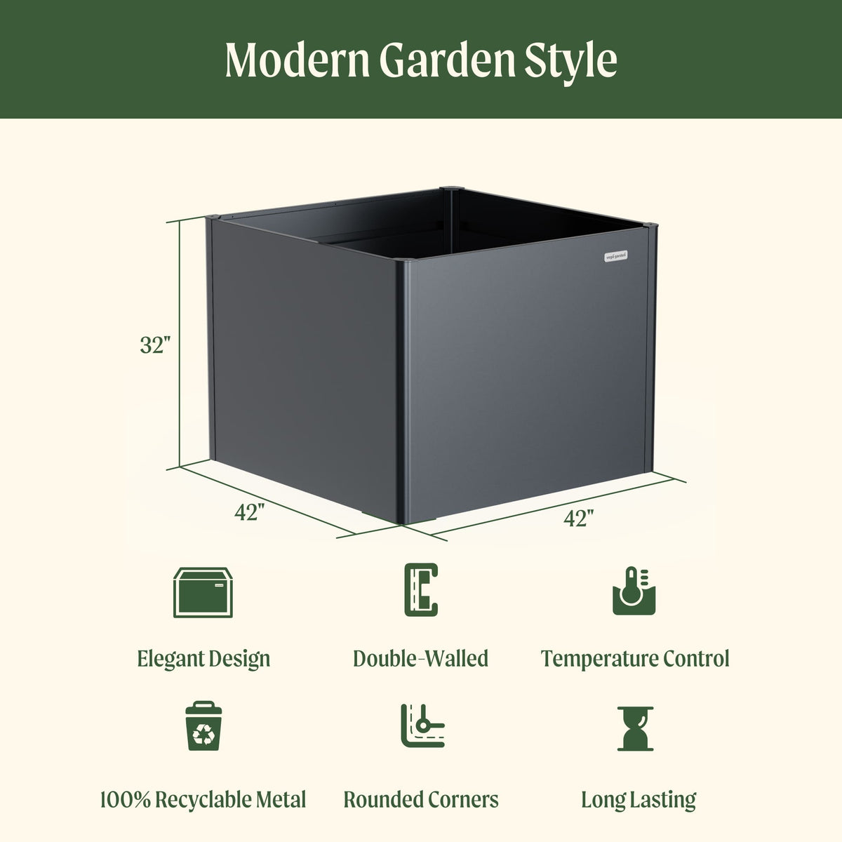 32" Extra Tall Modern Pro 42" x 42" Metal Raised Garden Bed - With Intermediate Floor