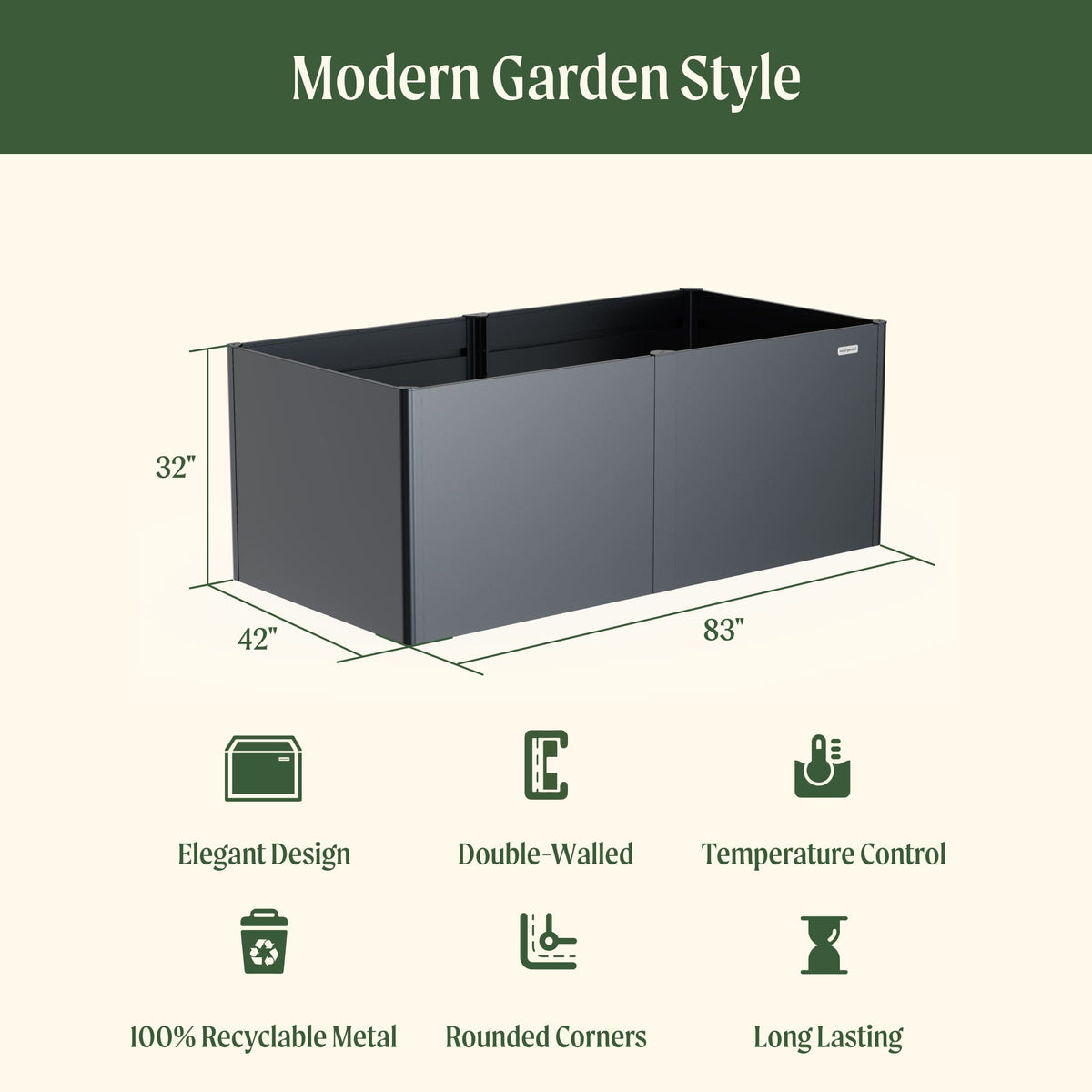 32" Extra Tall Modern Pro 42" x 83" Metal Raised Garden Bed - With Intermediate Floor