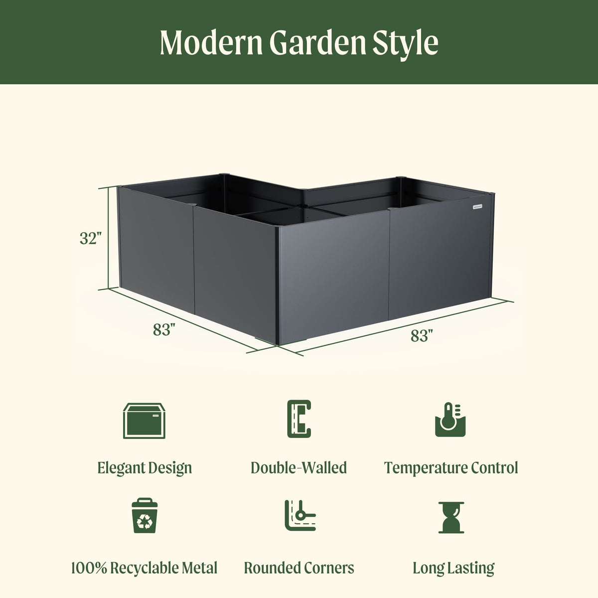 32" Extra Tall Modern Pro 83" x 83" L Shape Metal Raised Garden Bed - Midnight Blue - With Intermediate Floor