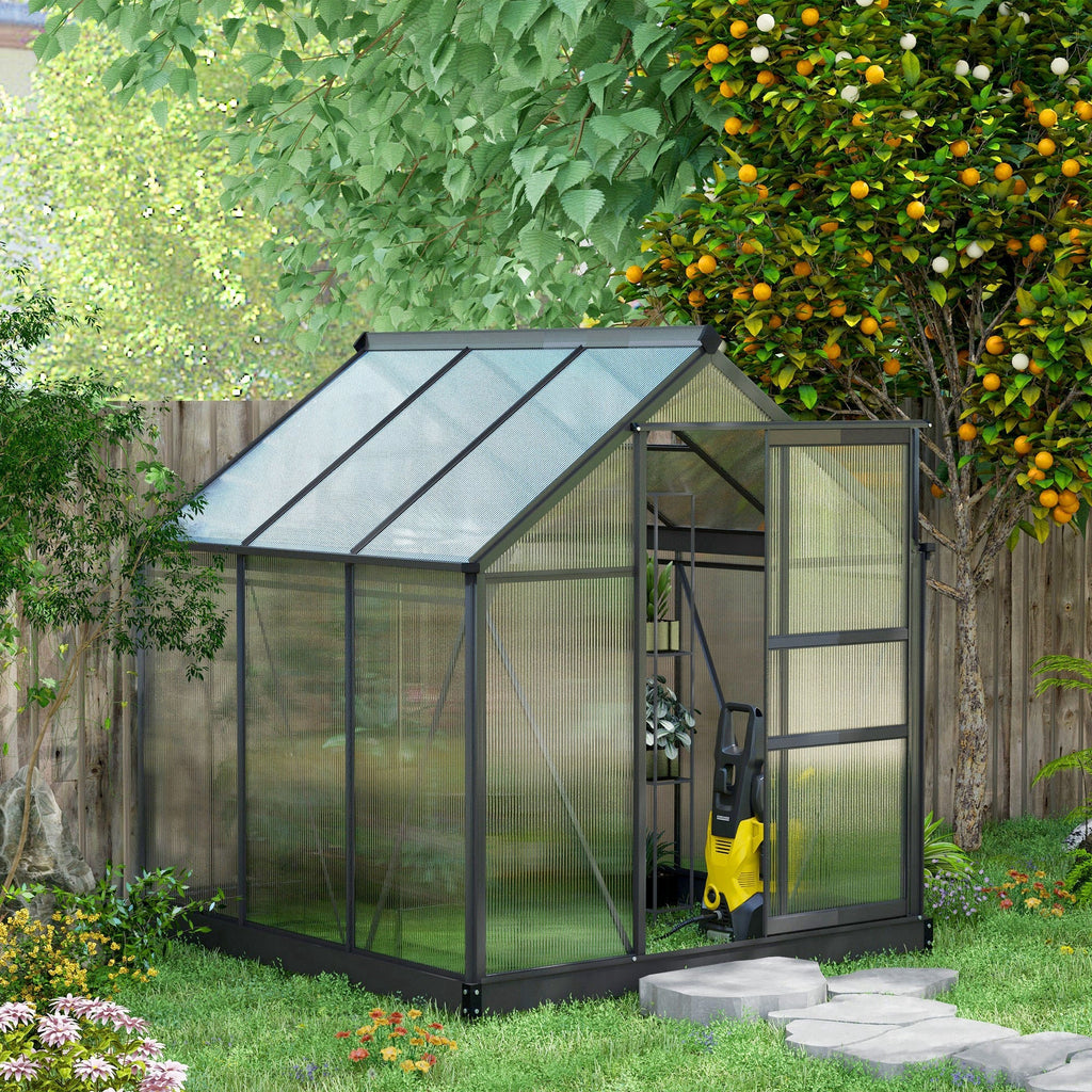 6' x 6' Polycarbonate Greenhouse with Rain Gutter and Roof Vent for Outdoor Garden, Gray