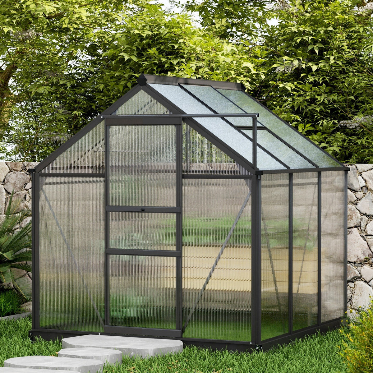 6' x 6' Polycarbonate Greenhouse with Rain Gutter and Roof Vent for Outdoor Garden, Gray