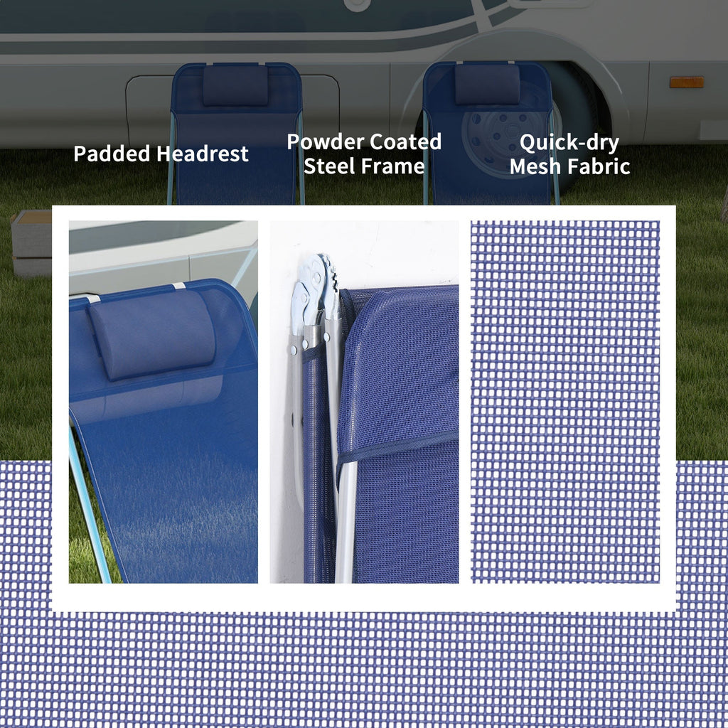 2-Piece Folding Sun Loungers with Reclining Back, Breathable Mesh & Headrest, Dark Blue