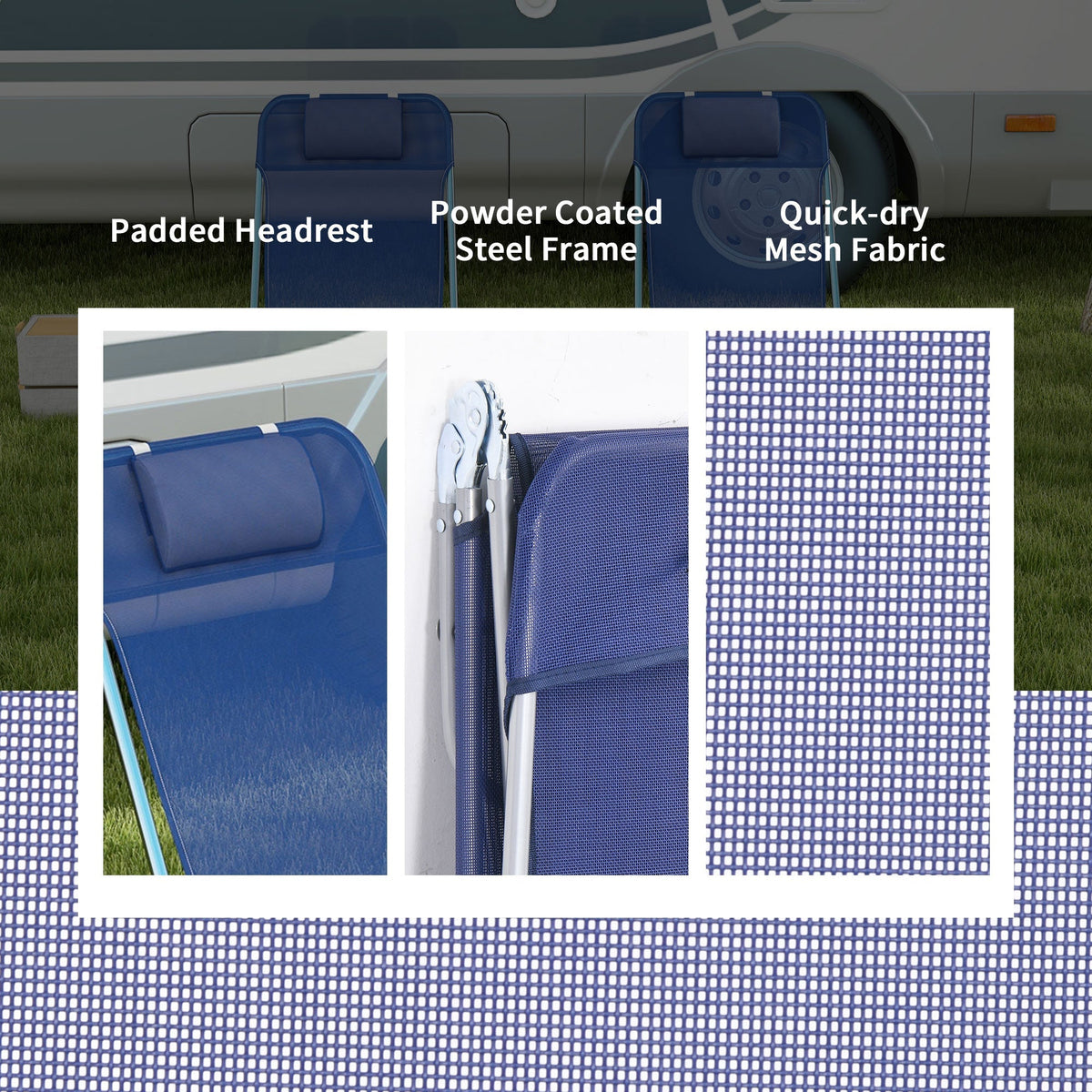 2-Piece Folding Sun Loungers with Reclining Back, Breathable Mesh & Headrest, Dark Blue