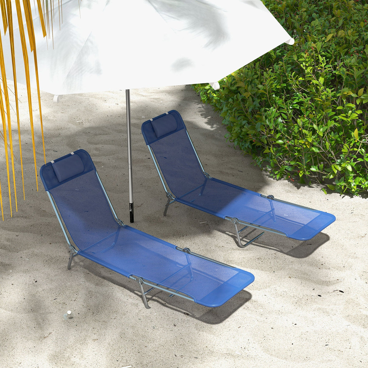 2-Piece Folding Sun Loungers with Reclining Back, Breathable Mesh & Headrest, Dark Blue