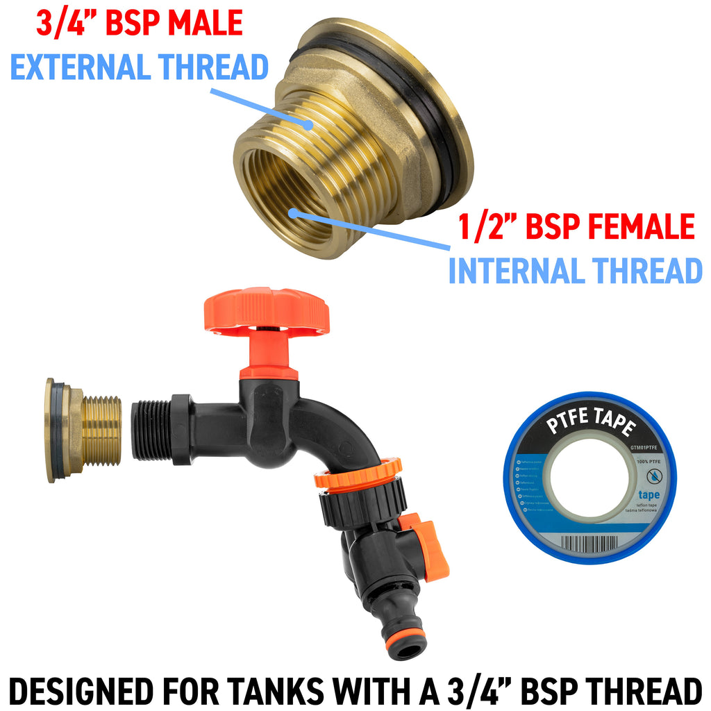 Water Butt Brass Kit 3/4" with Black Dial Tap + Two-Way Splitter and Drill Bit