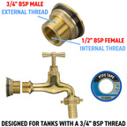 Water Butt Brass Kit 3/4" with 15mm Barbed Polished Brass Tap and Drill Bit