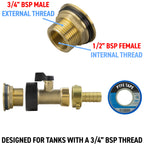 Water Butt Brass Kit 3/4" with Brass Valve + 13mm Barb and Drill Bit