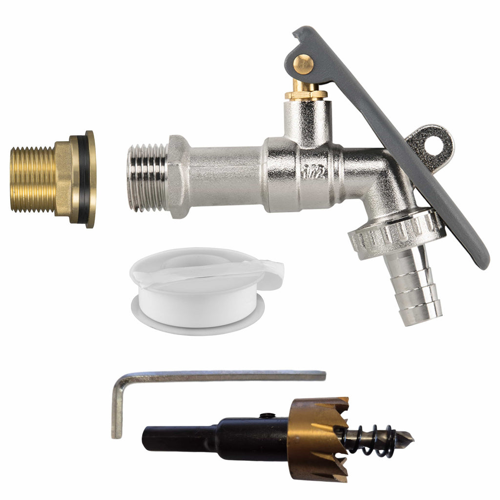 Water Butt Brass Kit 3/4" with Lever Tap Hose Barb and Lever Lock and Drill Bit