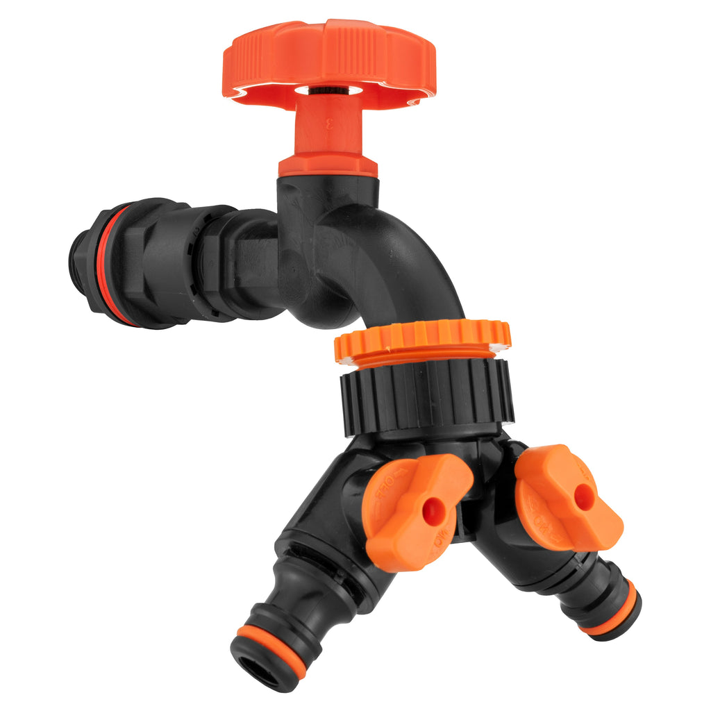 Water Butt Kit 1/2" with Black Dial Tap + Two-Way Splitter and Drill Bit
