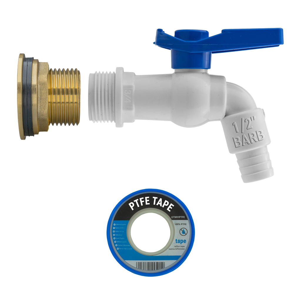 Water Butt Brass Kit 1" with White PVC Tap and Drill Bit