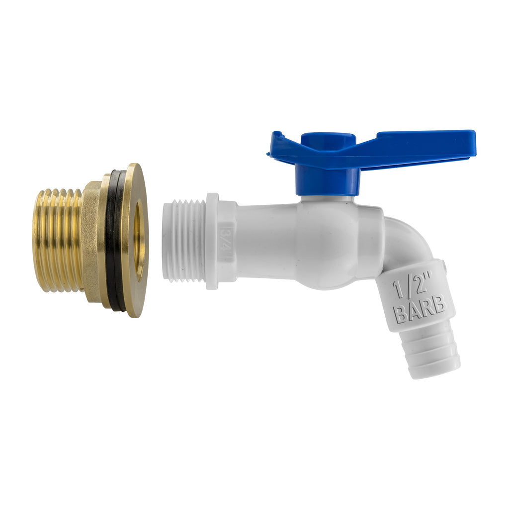 Water Butt Brass Kit 1" with White PVC Tap and Drill Bit