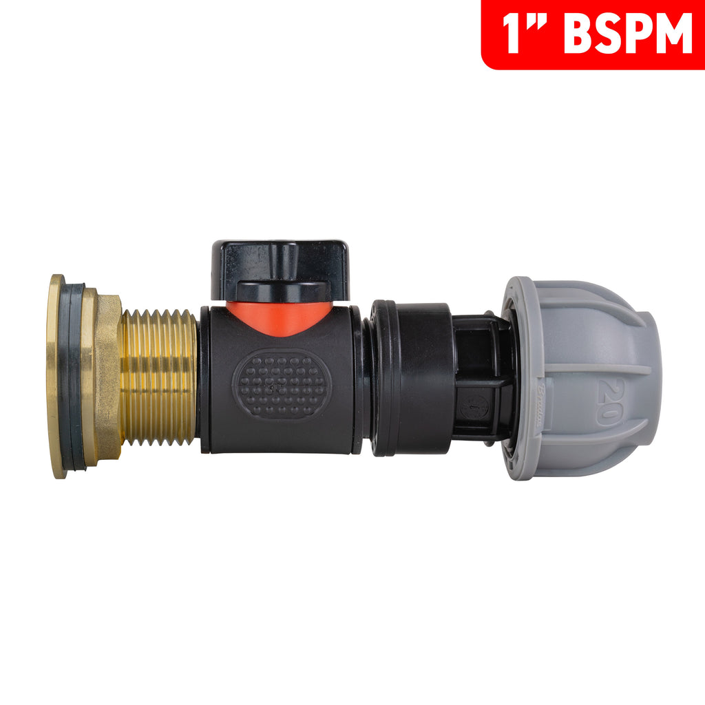Water Butt Brass Kit 1" with In-Line Valve + 20mm MDPE