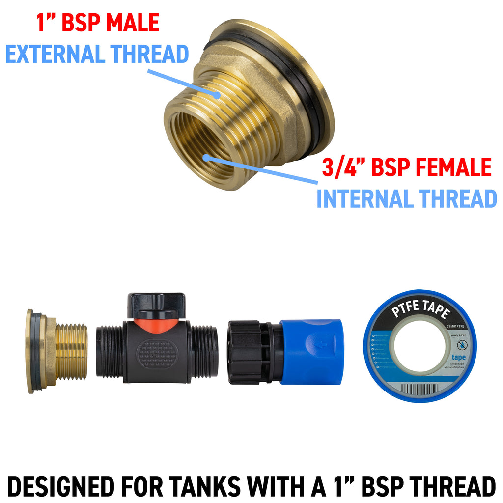 Water Butt Brass Kit 1" with In-Line Valve + Female Quick Connector Blue