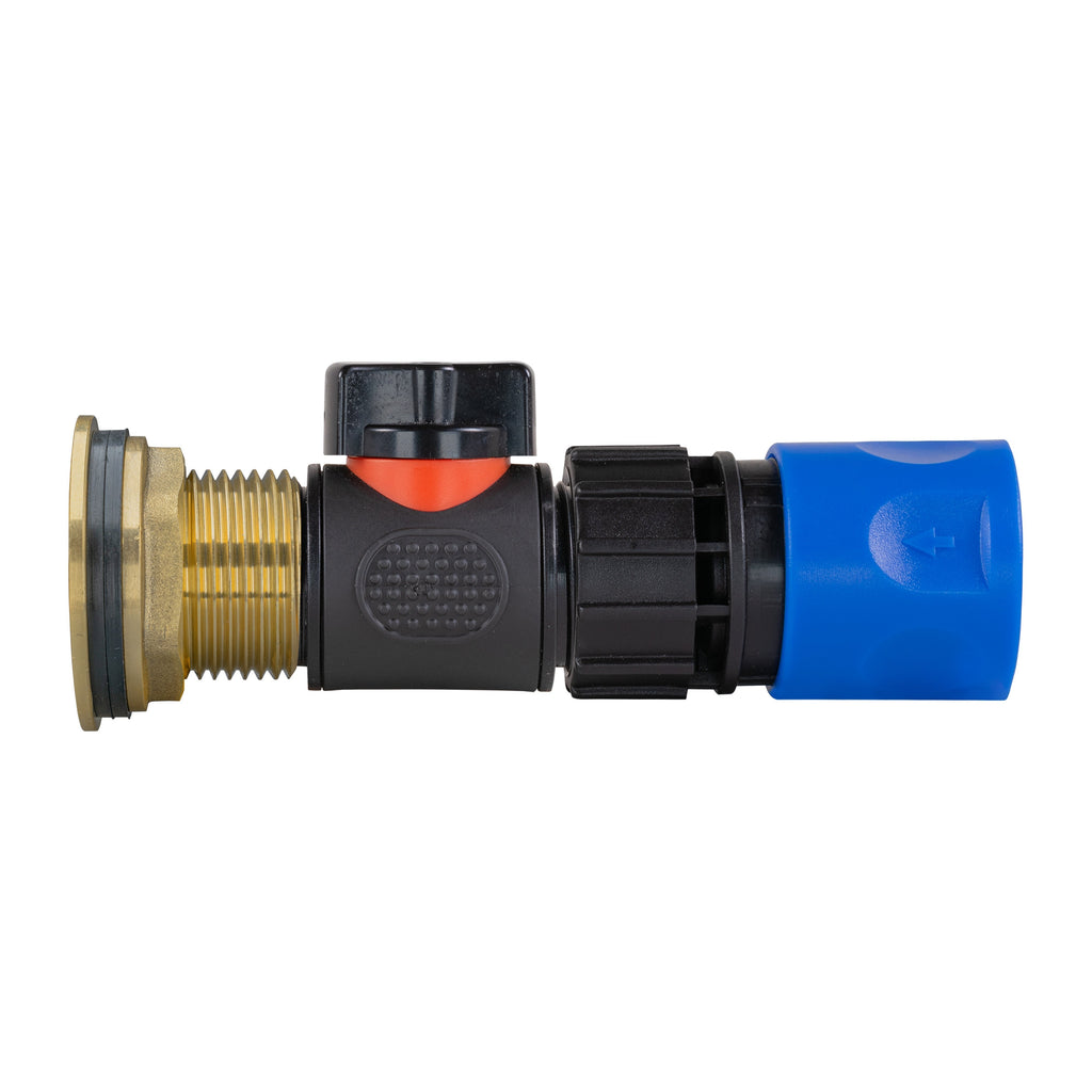 Water Butt Brass Kit 1" with In-Line Valve + Female Quick Connector Blue