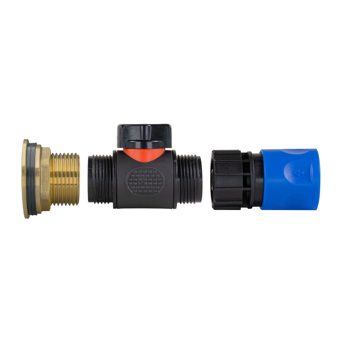 Water Butt Brass Kit 1" with In-Line Valve + Female Quick Connector Blue