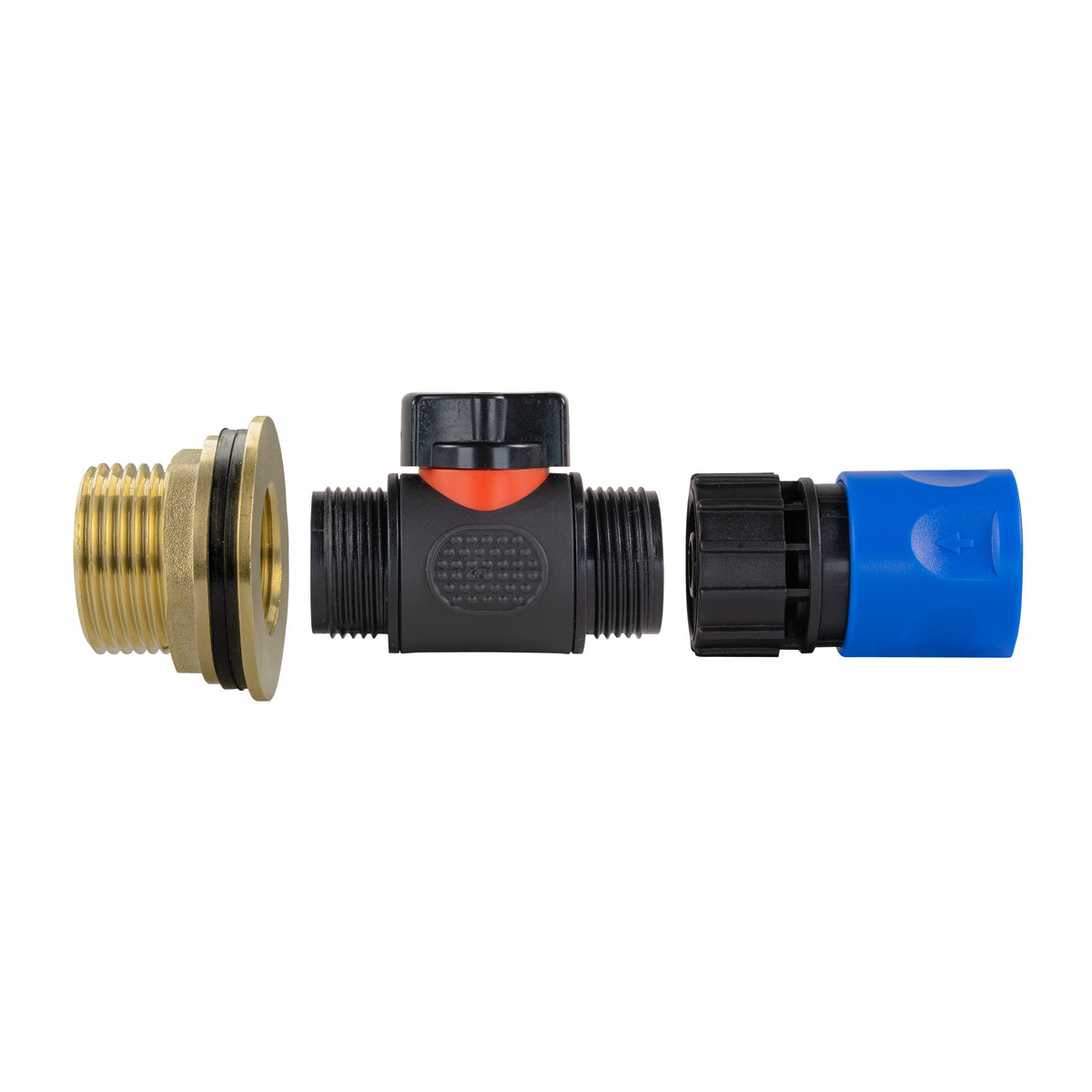 Water Butt Brass Kit 1" with In-Line Valve + Female Quick Connector Blue
