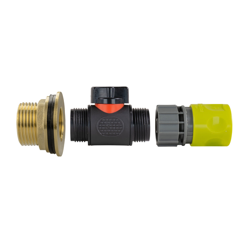 Water Butt Brass Kit 1" with In-Line Valve + Female Quick Connector Lime