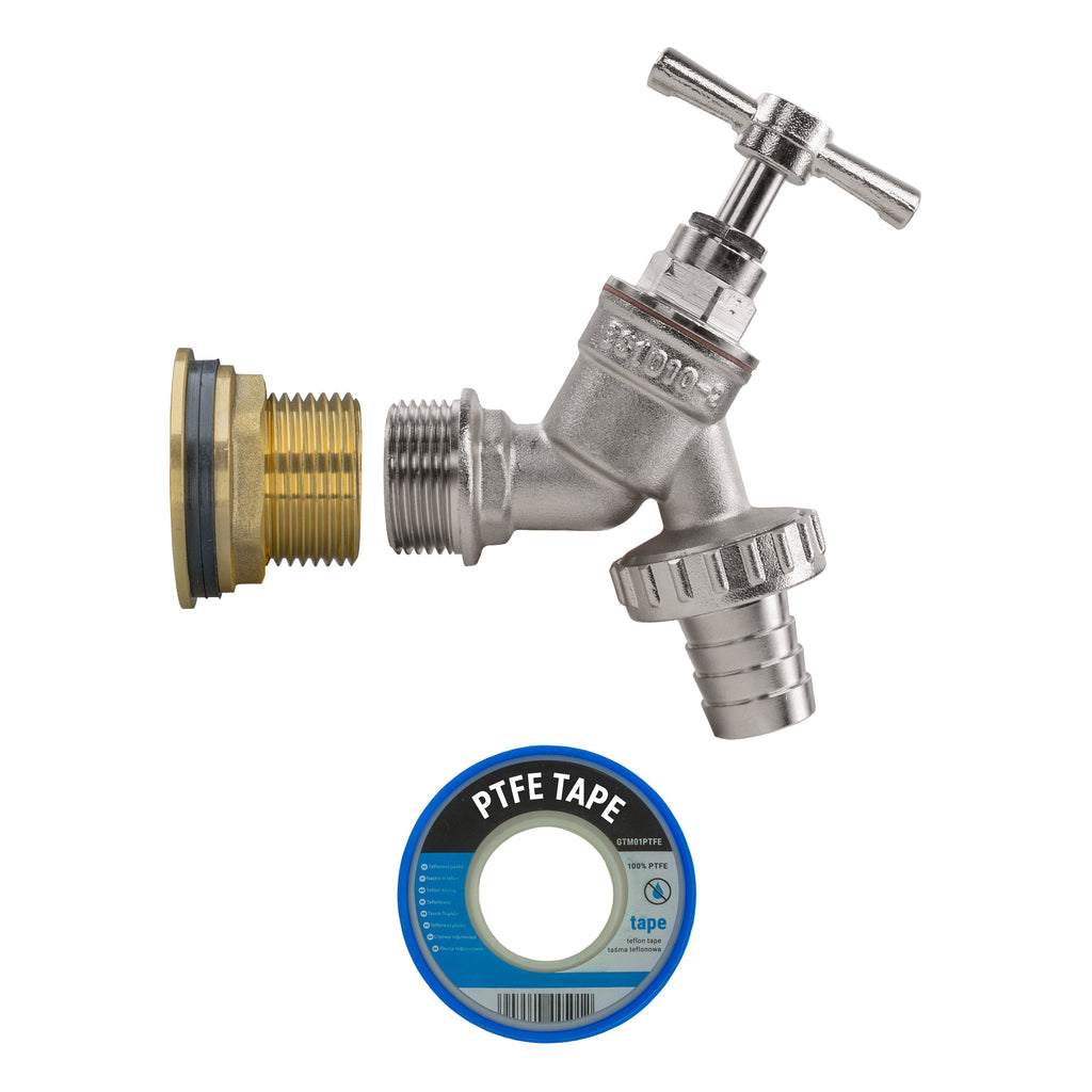 Water Butt Brass Kit 1" with Nickel Plated Barbed Tap and Drill Bit