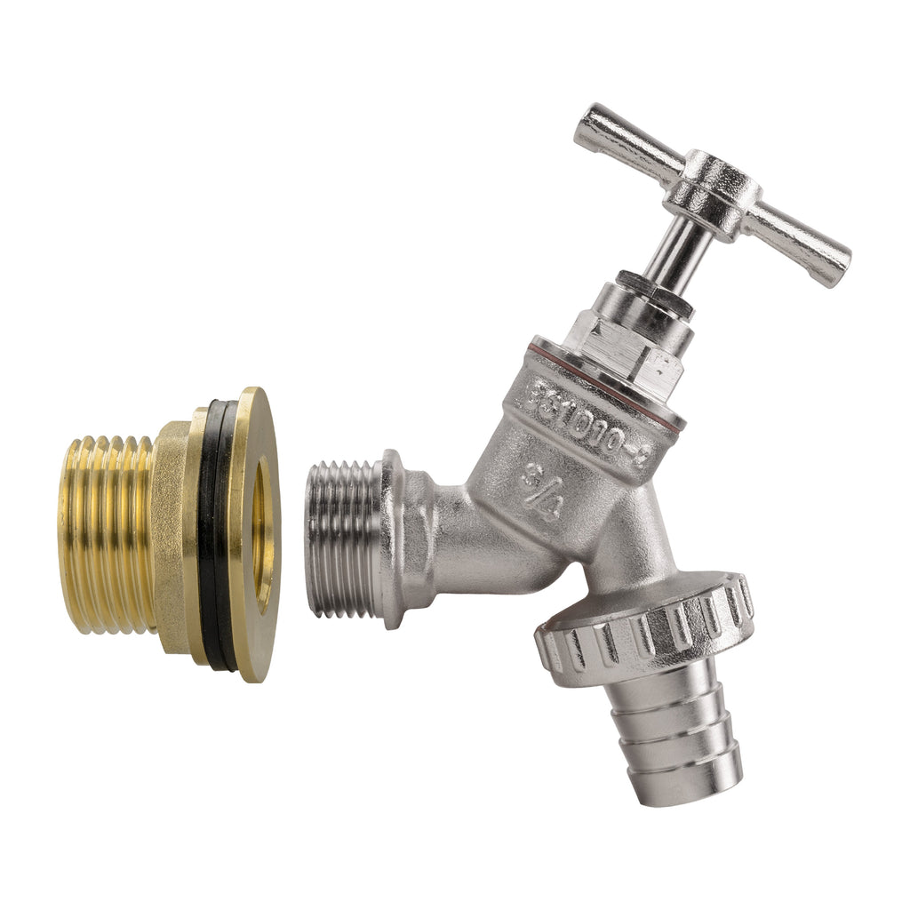 Water Butt Brass Kit 1" with Nickel Plated Barbed Tap and Drill Bit