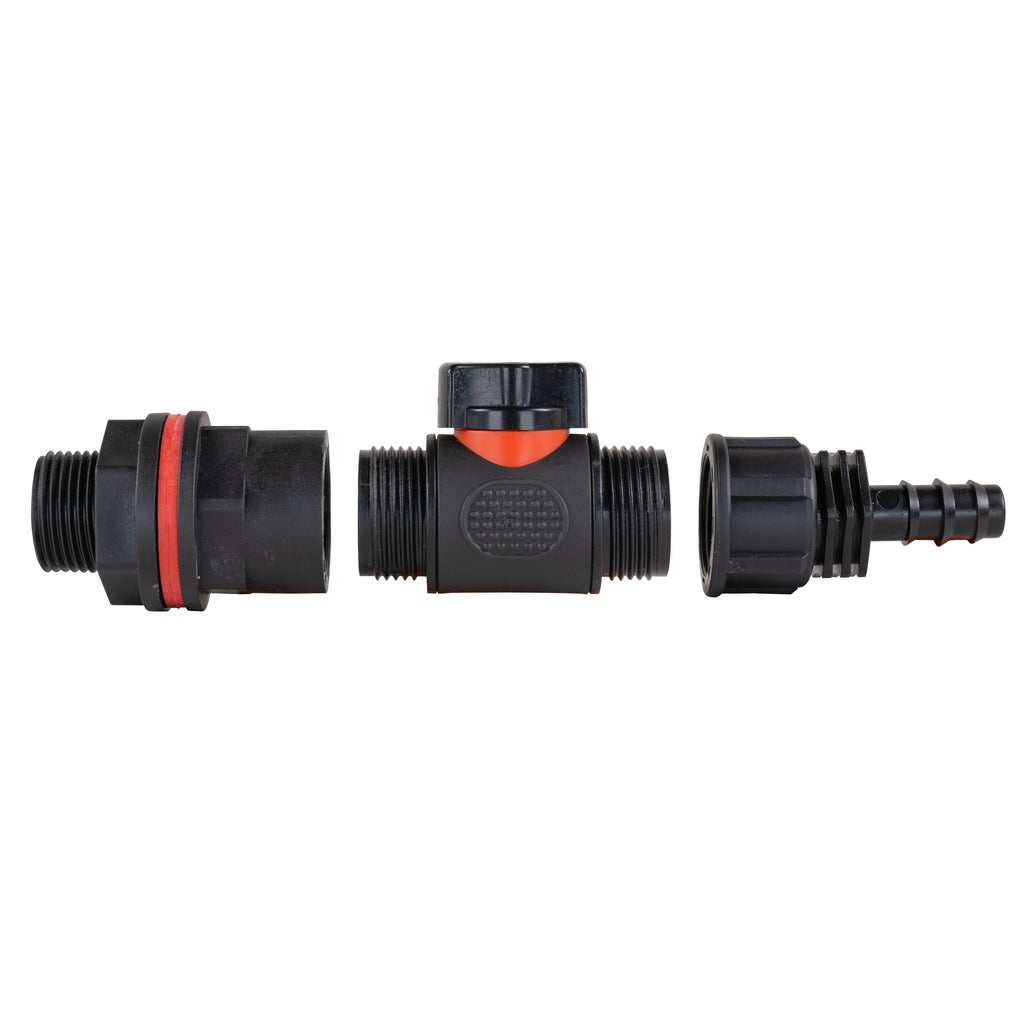 Water Butt Kit 3/4" with In-Line Valve + 1/2" Barb and Drill Bit