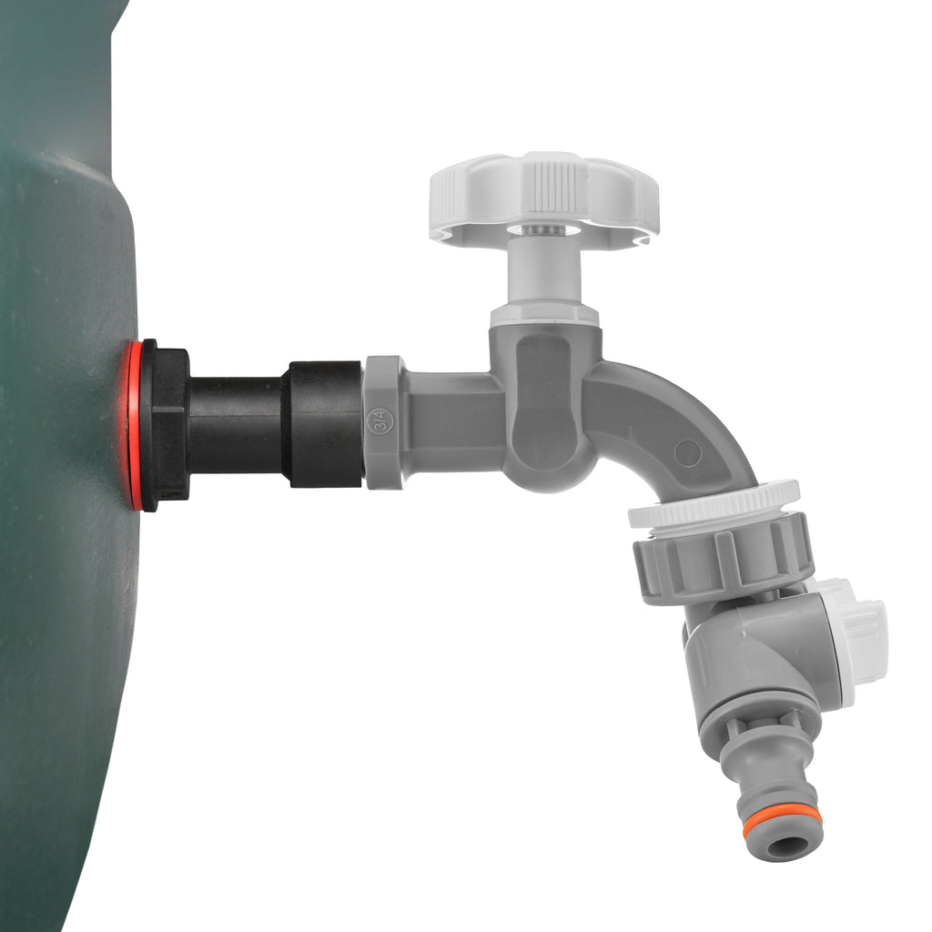 Water Butt Extension Kit 3/4" with Grey Dial Tap + Two-Way Splitter and Drill Bit