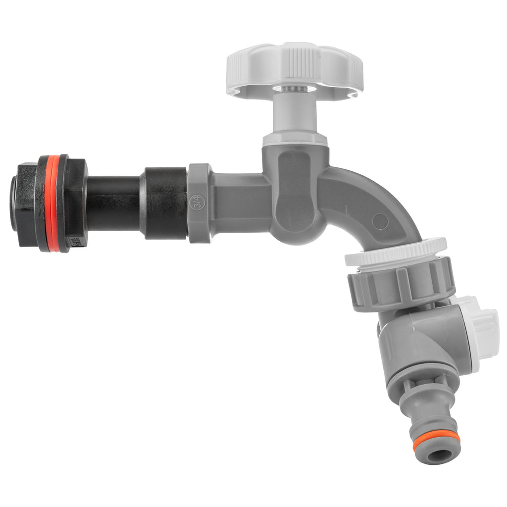 Water Butt Extension Kit 3/4" with Grey Dial Tap + Two-Way Splitter and Drill Bit