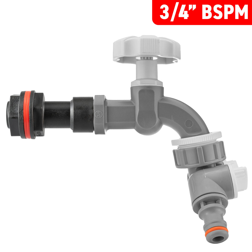 Water Butt Extension Kit 3/4" with Grey Dial Tap + Two-Way Splitter and Drill Bit