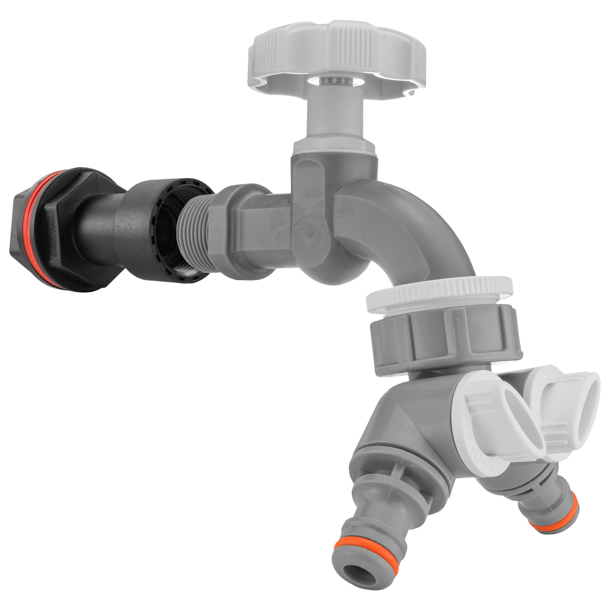 Water Butt Extension Kit 3/4" with Grey Dial Tap + Two-Way Splitter and Drill Bit