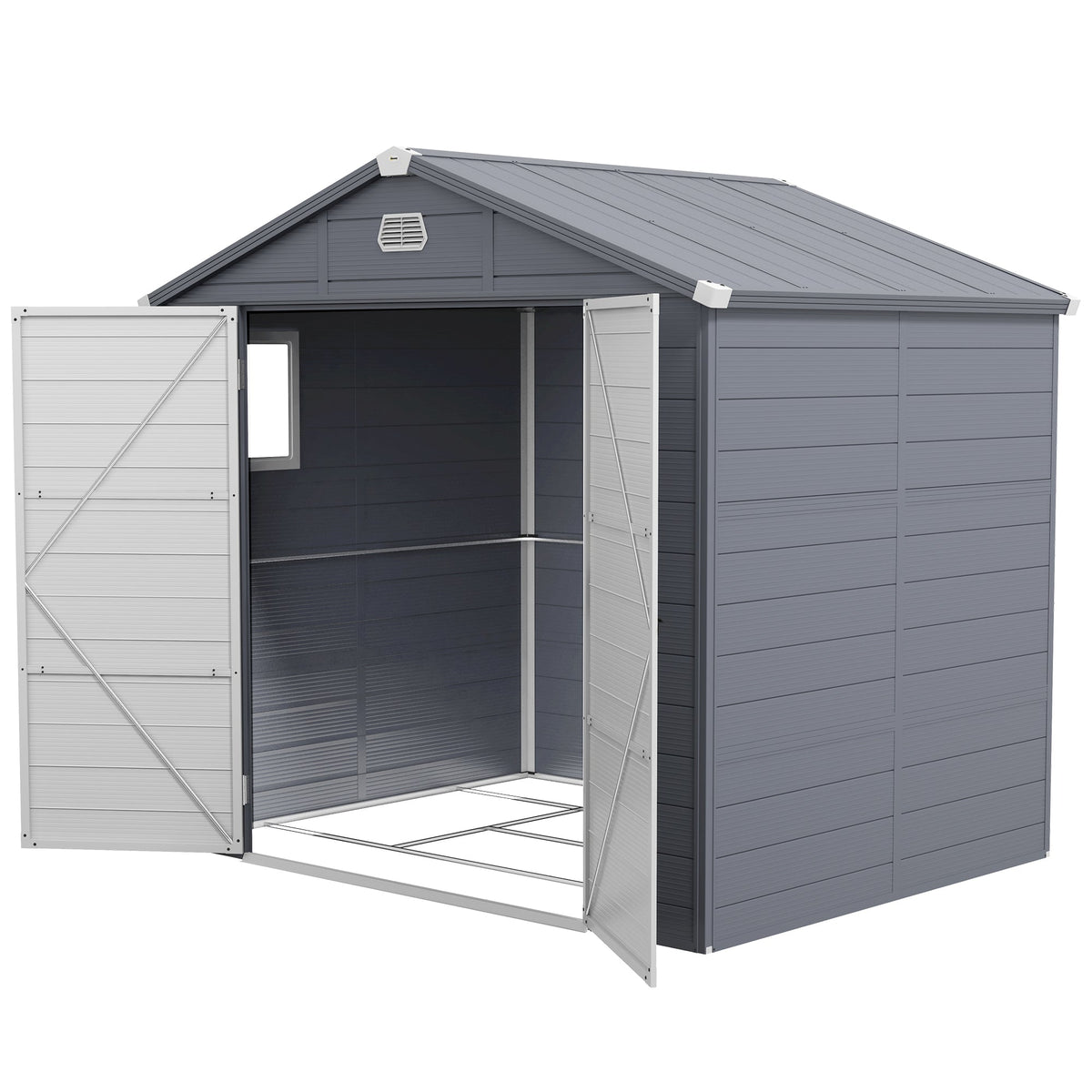 8 x 6ft Plastic Garden Storage Shed w/ Foundation Kit, Ventilation Slots & Lockable Door, Grey
