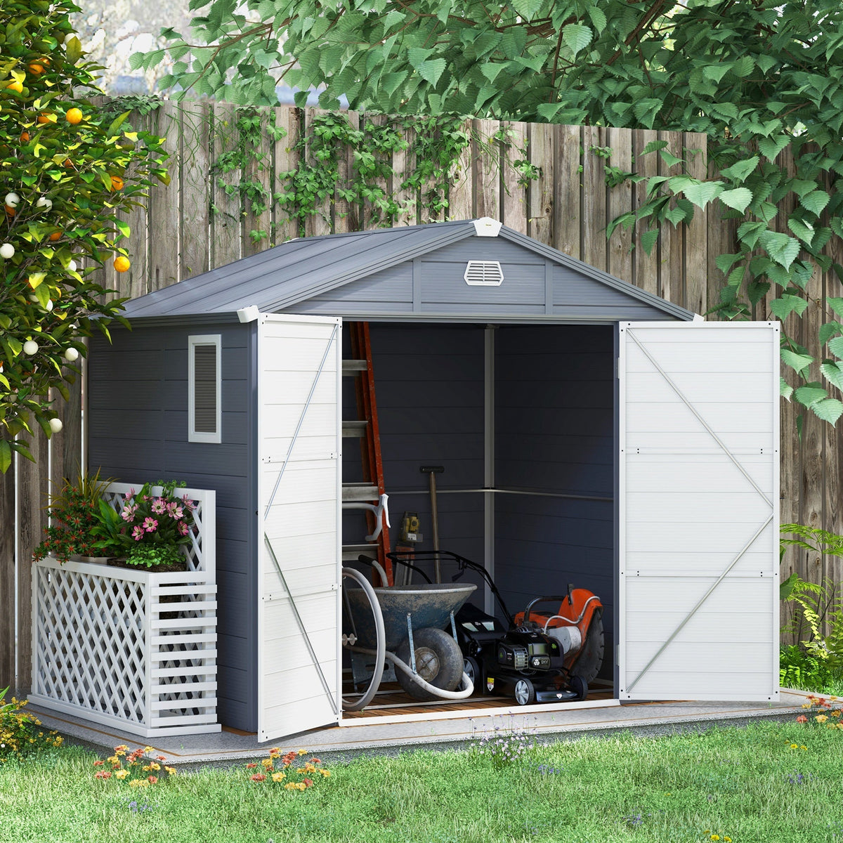 8 x 6ft Plastic Garden Storage Shed w/ Foundation Kit, Ventilation Slots & Lockable Door, Grey