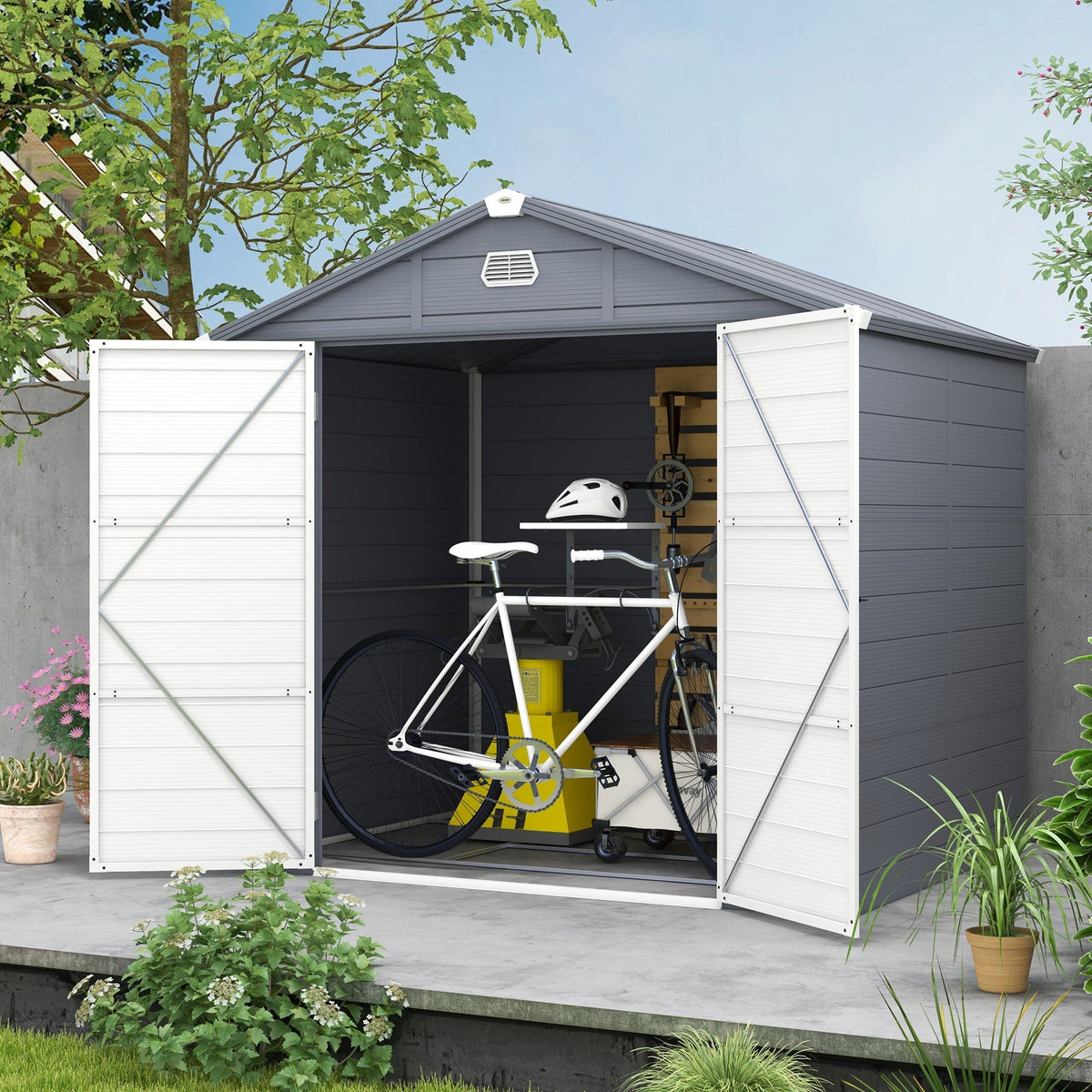 8 x 6ft Plastic Garden Storage Shed w/ Foundation Kit, Ventilation Slots & Lockable Door, Grey