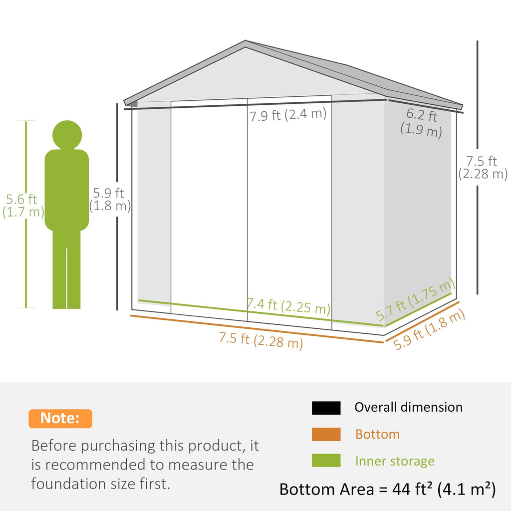 8 x 6ft Plastic Garden Storage Shed w/ Foundation Kit, Ventilation Slots & Lockable Door, Grey