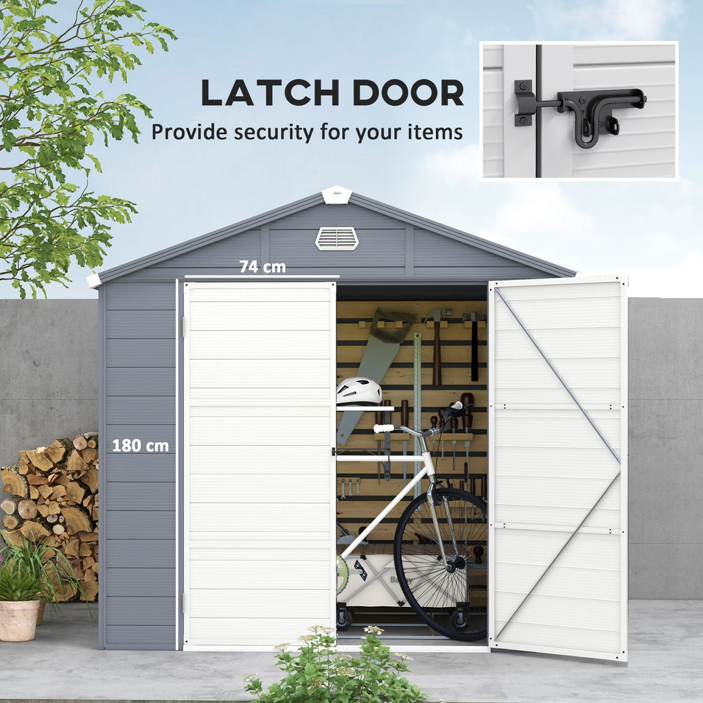 8 x 6ft Plastic Garden Storage Shed w/ Foundation Kit, Ventilation Slots & Lockable Door, Grey