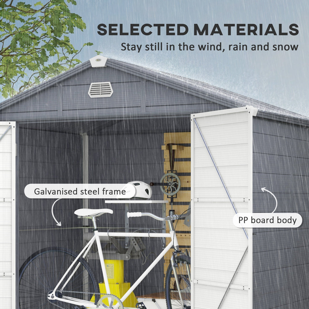 8 x 6ft Plastic Garden Storage Shed w/ Foundation Kit, Ventilation Slots & Lockable Door, Grey