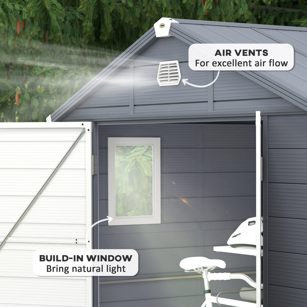 8 x 6ft Plastic Garden Storage Shed w/ Foundation Kit, Ventilation Slots & Lockable Door, Grey