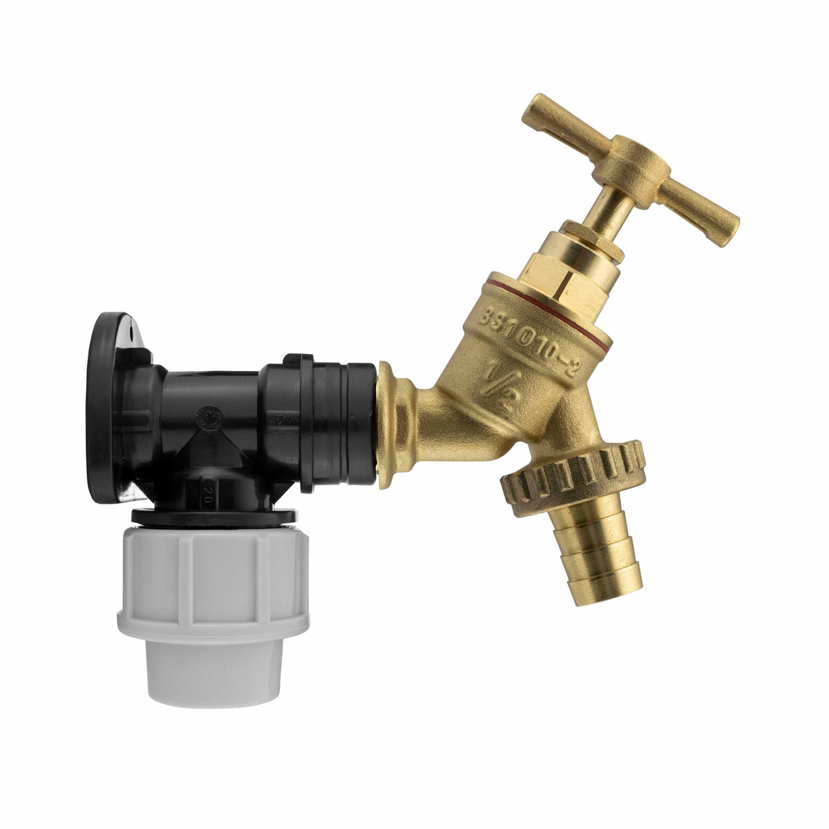 Wall Flange Kit 20mm MDPE - Brass Garden Tap 1/2" Barb