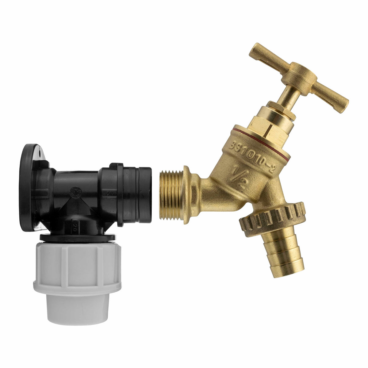 Wall Flange Kit 20mm MDPE - Brass Garden Tap 1/2" Barb