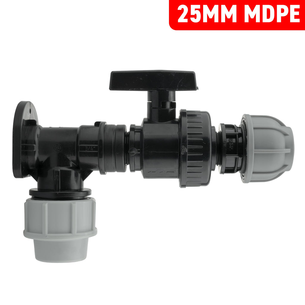 Wall Flange Kit 25mm MDPE + Large Plastic Valve & 25mm MDPE Straight