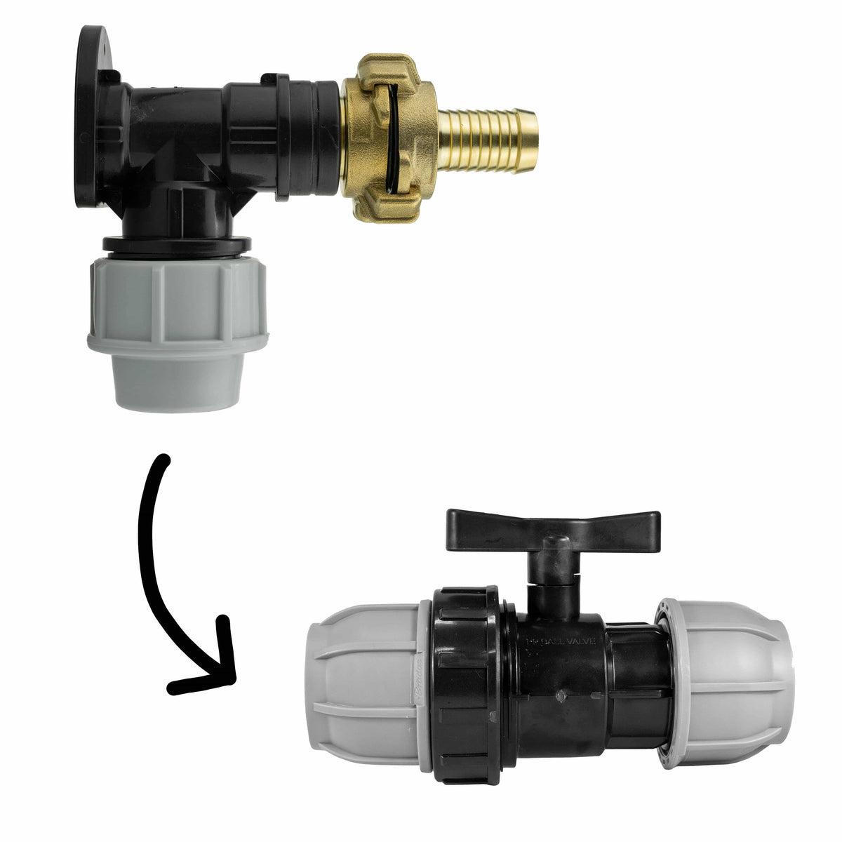 Wall Flange Kit 32mm MDPE + 32mm MDPE Valve + 19mm Barbed Geka Set