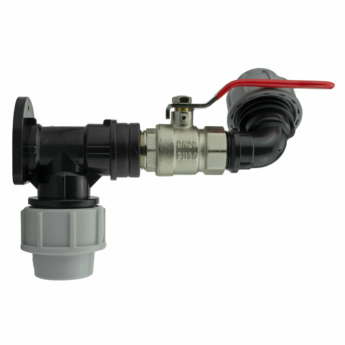Wall Flange Kit 32mm MDPE + Lever Valve + 25mm MDPE Elbow