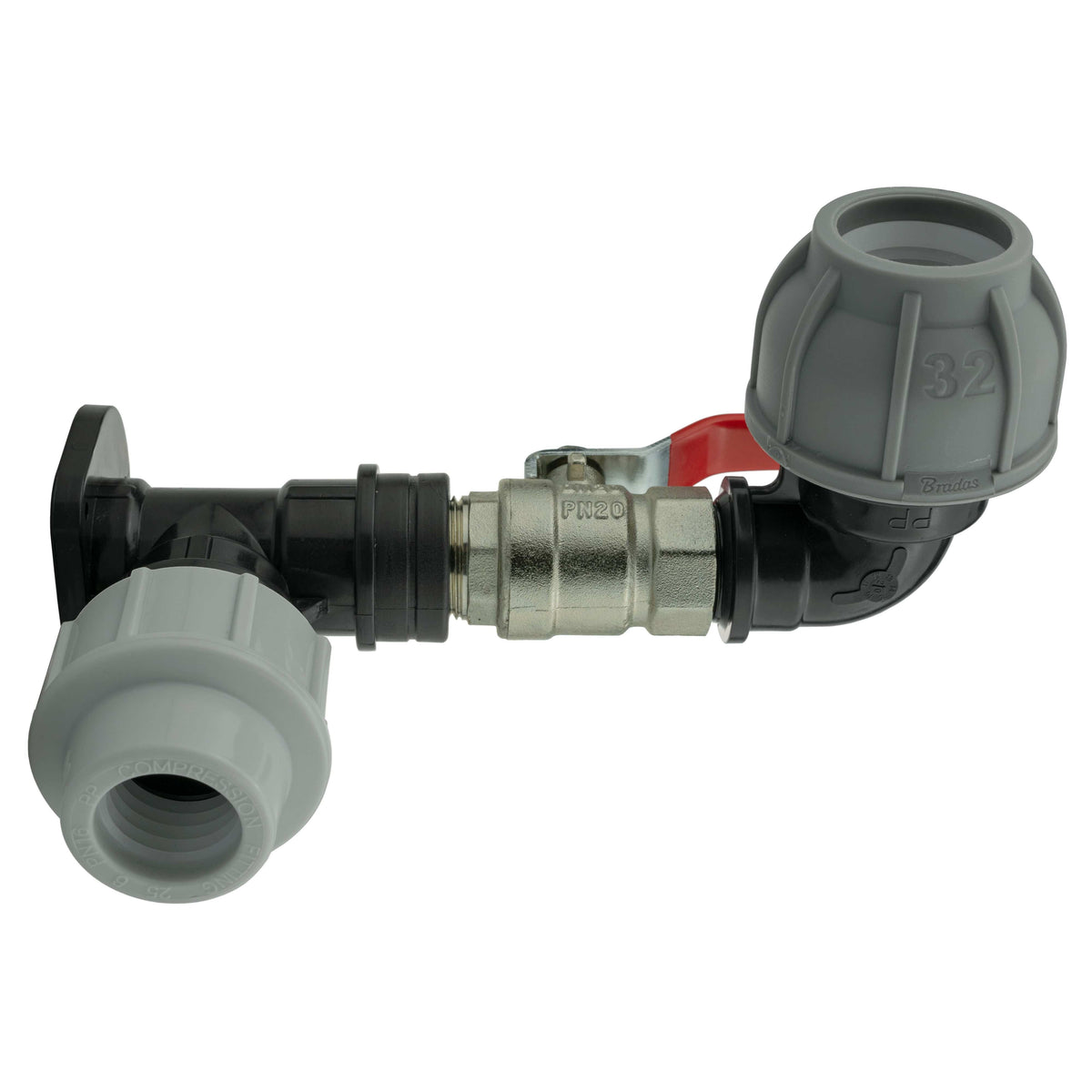Wall Flange Kit 32mm MDPE + Lever Valve + 32mm MDPE Elbow