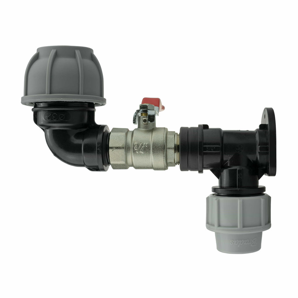 Wall Flange Kit 32mm MDPE + Lever Valve + 32mm MDPE Elbow