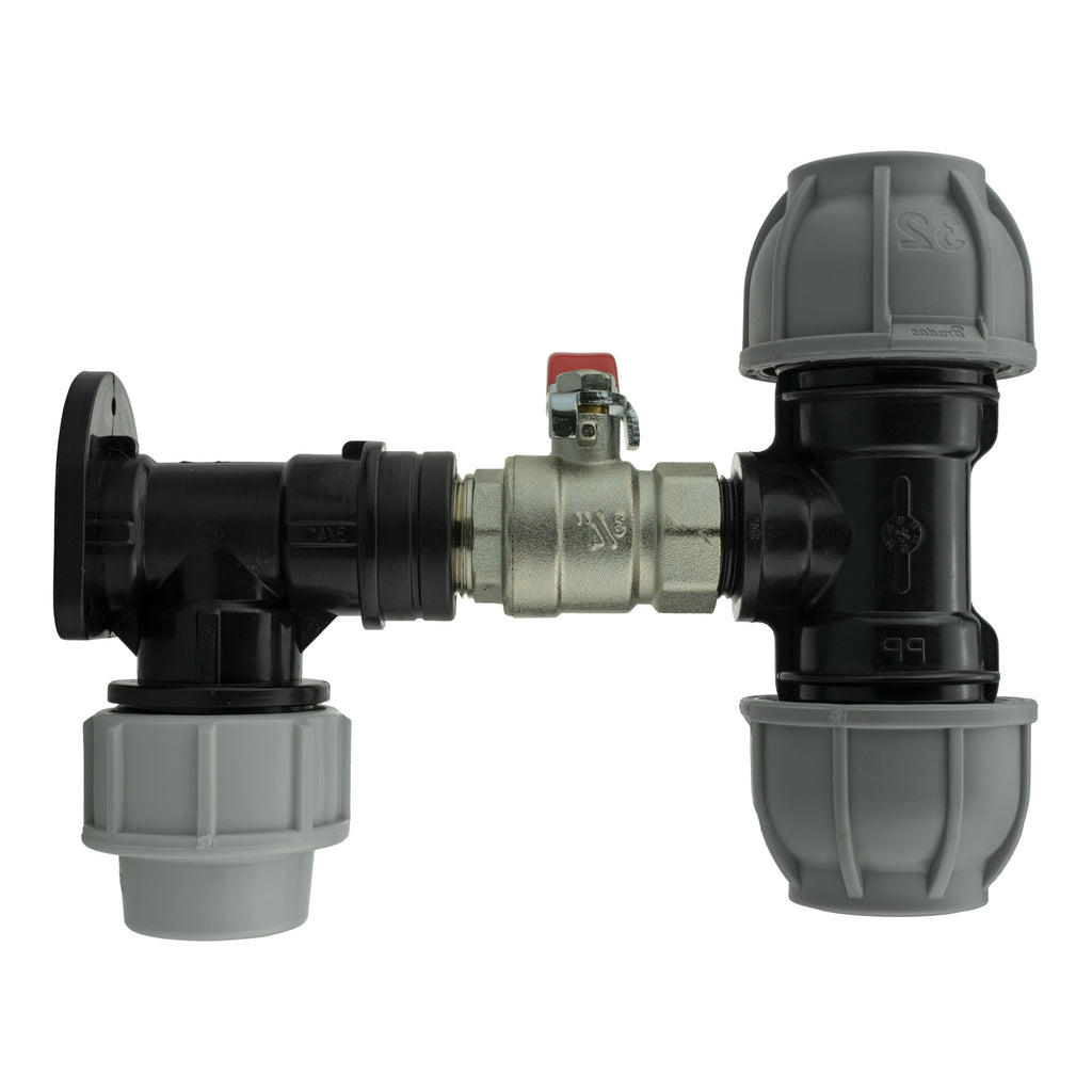 Wall Flange Kit 32mm MDPE + Lever Valve + 32mm MDPE Tee