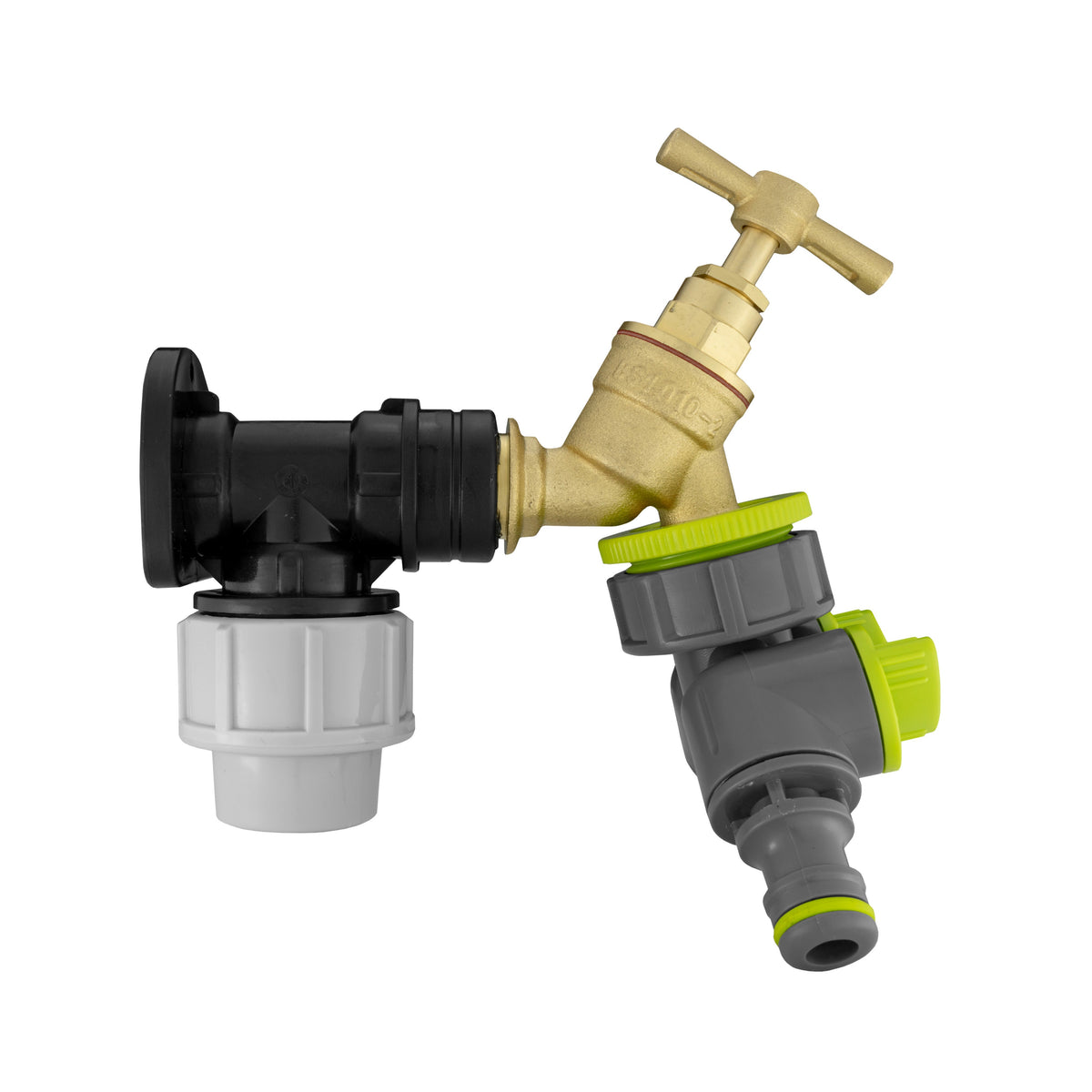 Wall Flange Kit 32mm MDPE + Brass Bib Tap + Lime Two Way Tap Splitter
