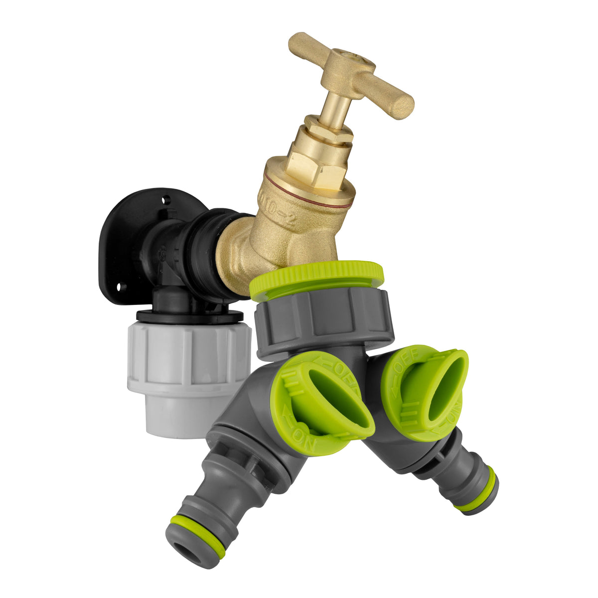 Wall Flange Kit 32mm MDPE + Brass Bib Tap + Lime Two Way Tap Splitter