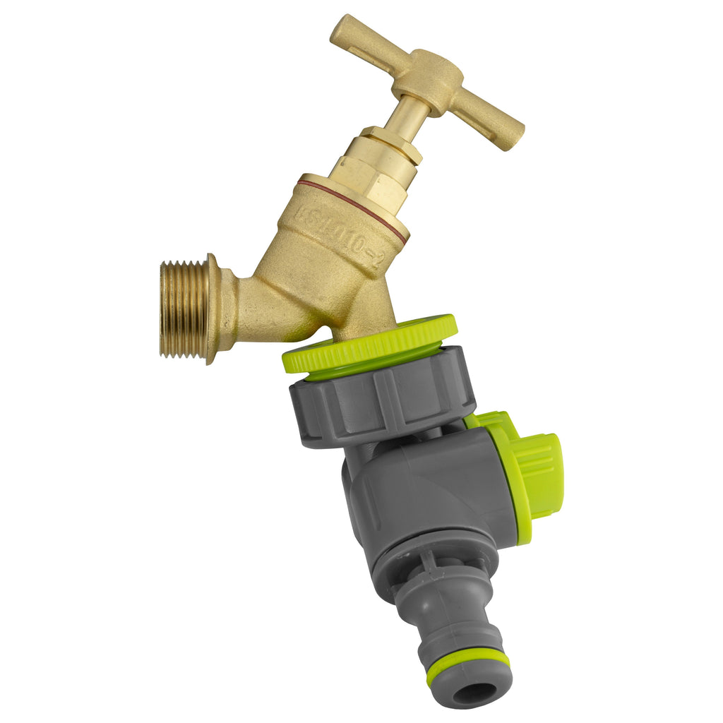 Wall Flange Kit 32mm MDPE + Brass Bib Tap + Lime Two Way Tap Splitter