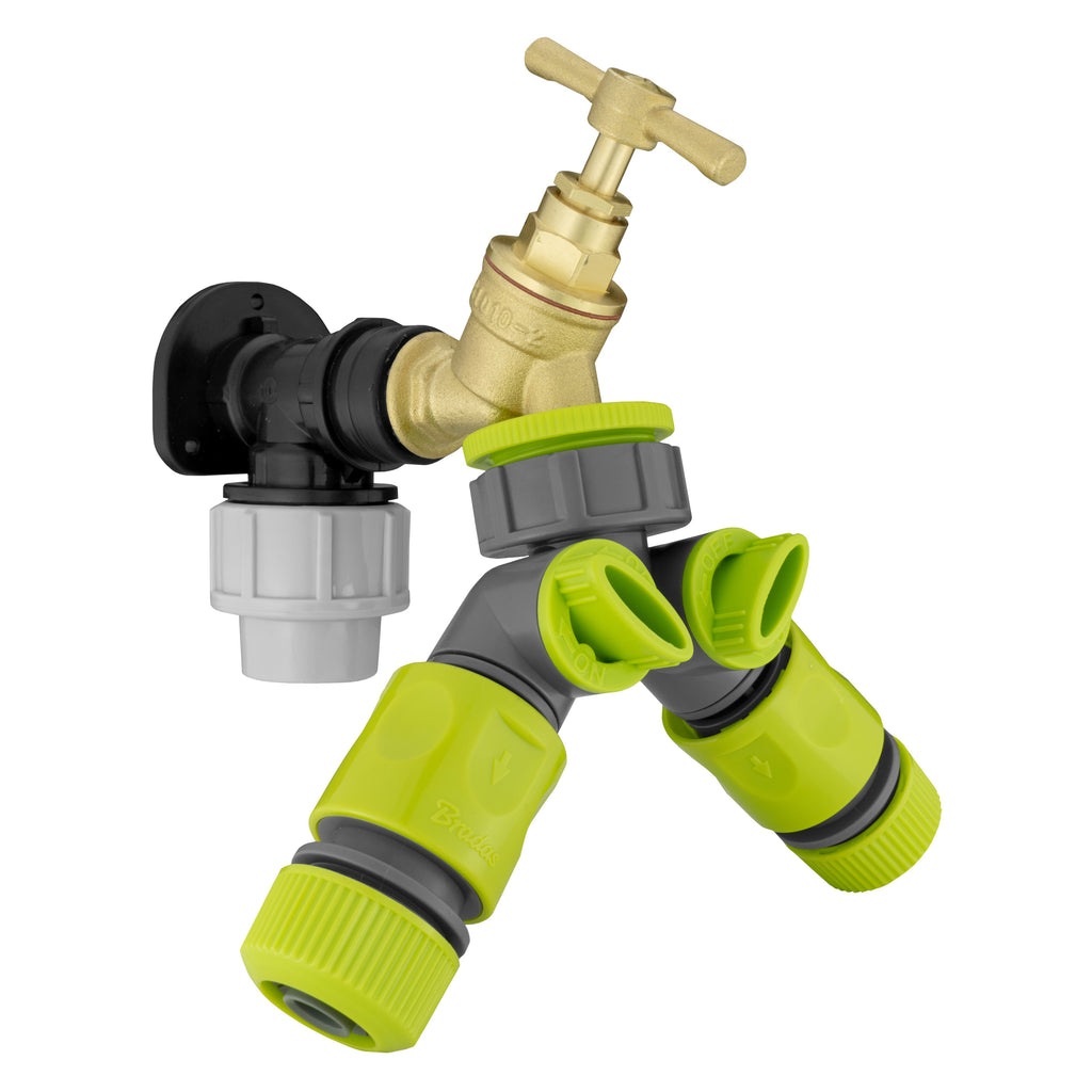 Wall Flange Kit 32mm MDPE + Brass Bib Tap + Two Way Splitter + Connectors