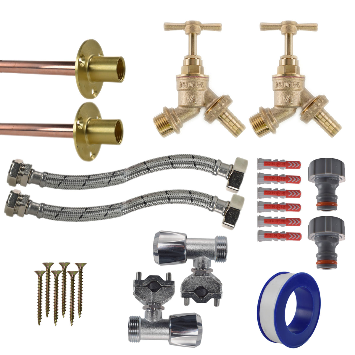Brass Barbed Bib Tap FULL Connection Kit x2 - Best4Trade-Retail Garden watering